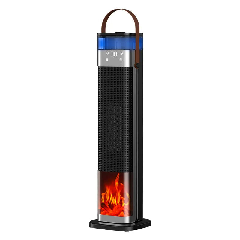 Tall, slim intelligent vertical heater with humidification function and remote control on a wooden floor.