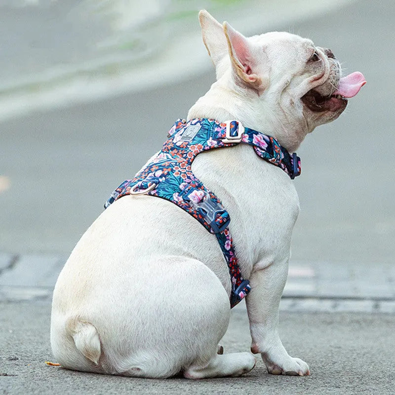 Pure cotton pet harness with floral pattern and chest strap in red, green, or blue colours