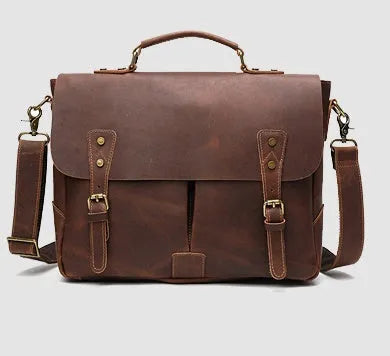 Leather portable mens briefcase satchel in light brown with soft handle and horizontal shape