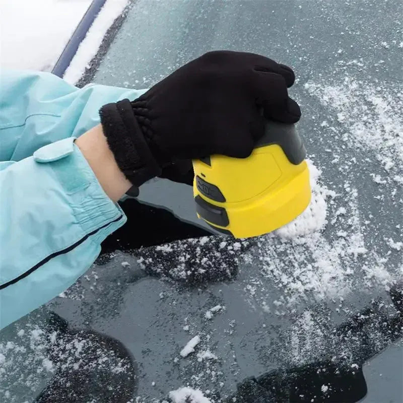 Yellow cordless electric ice scraper for car windshields with USB charging cable