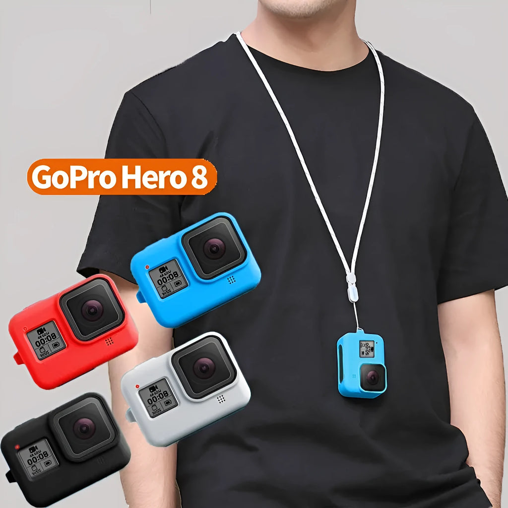 GoPro Hero8 Black protective silicone sleeve with neck lanyard and wrist strap accessories in blue colour