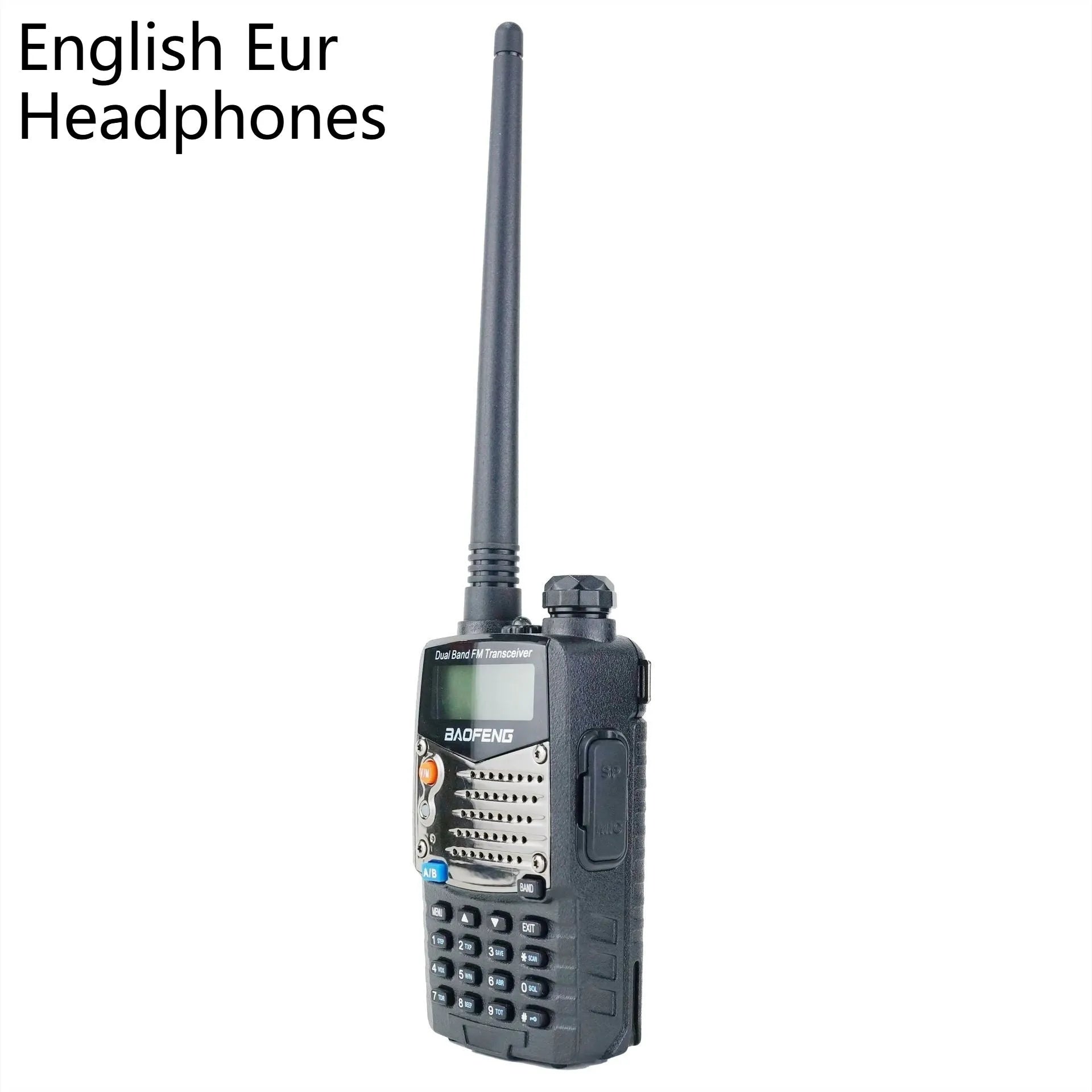 Baofeng UV-5RA dual-band handheld radio with dual display, high-power specification, and multiple headset configuration options