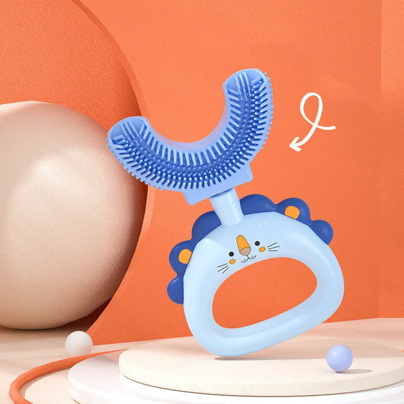 Children's U-shaped silicone toothbrush in blue and pink with little cute lion design for ages 2-14