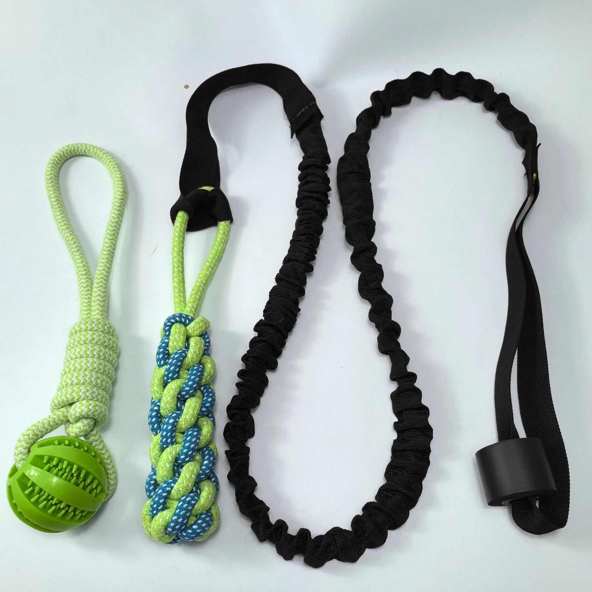 Green dog tug of war rope toy with cotton rope and a choice of corncob, teether ball, or handle draw attachments.