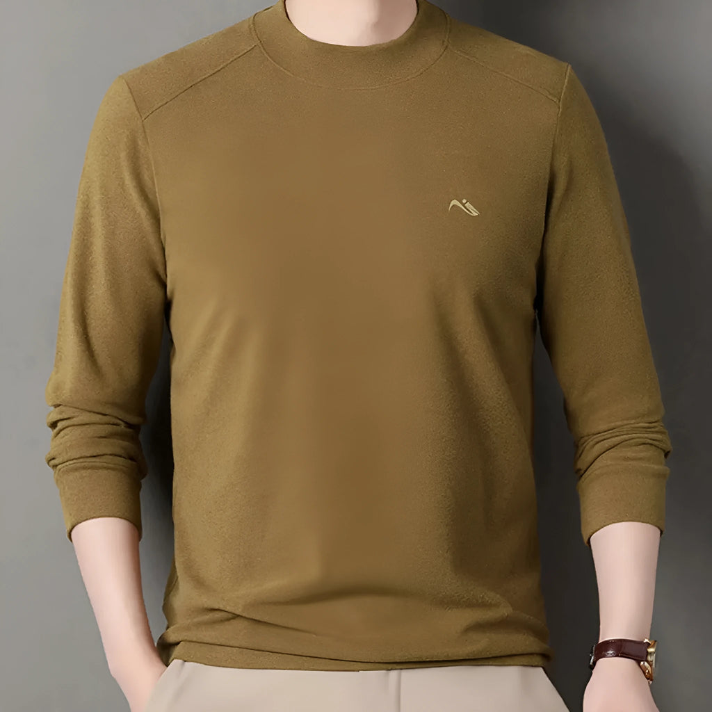 Men's crew neck loose long sleeve t-shirt in solid colour polyester, front view, available in six colours