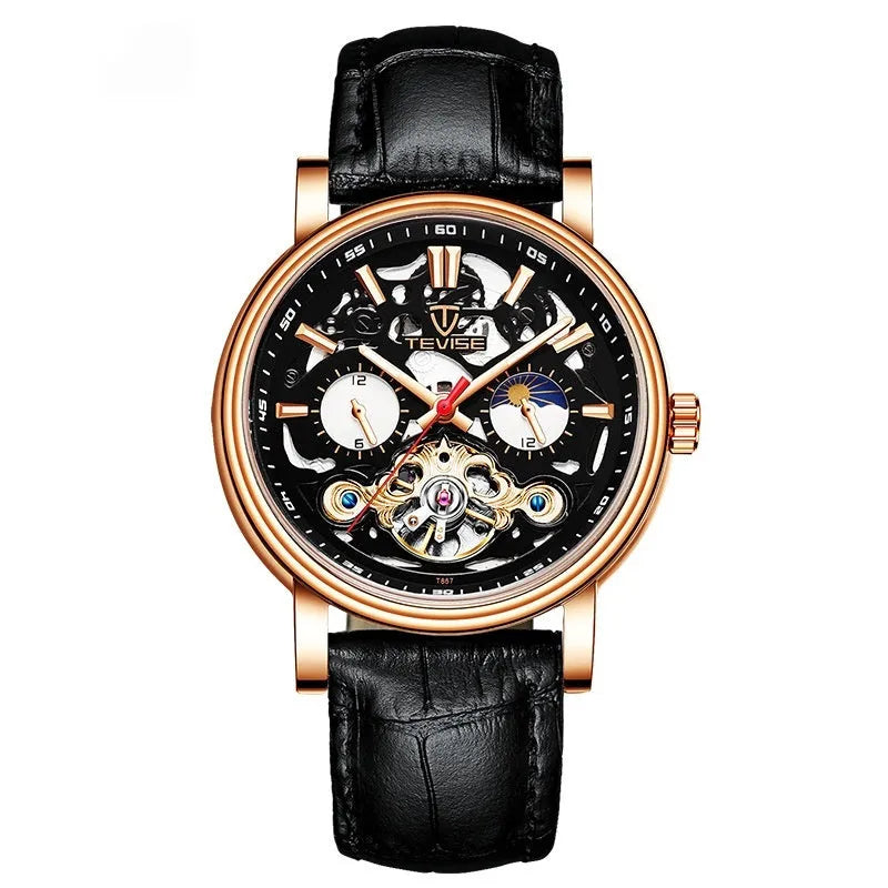 Men's black dial mechanical tourbillon watch with luminous hands on a stainless steel bracelet.
