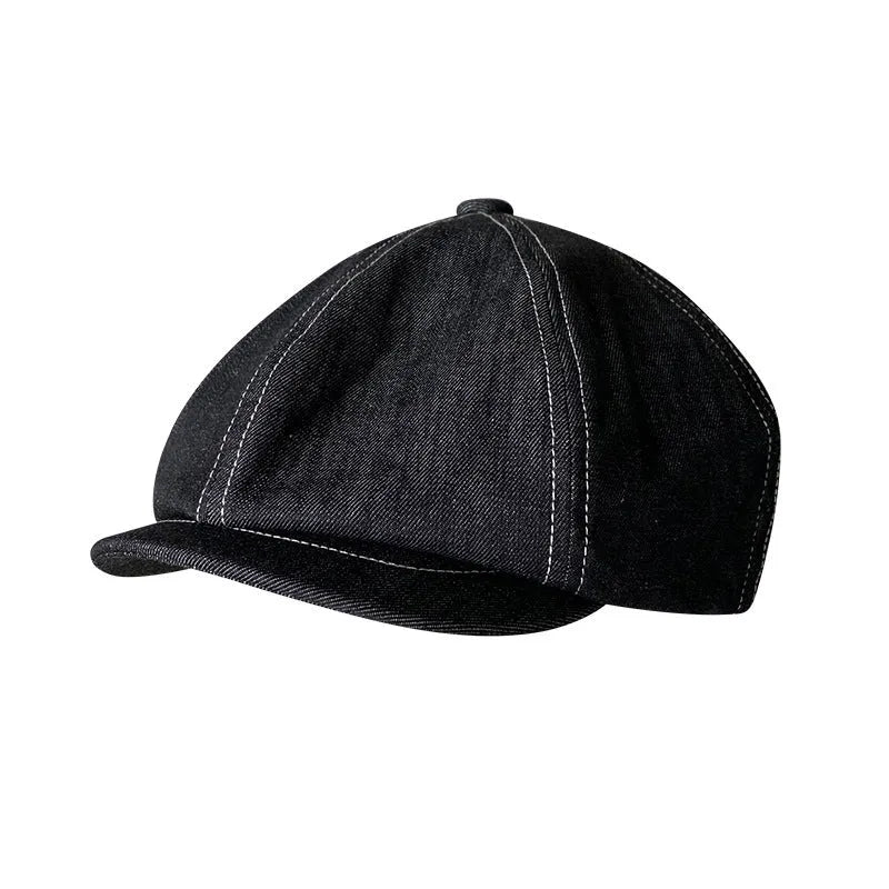Black Japanese denim cotton beret hat with retro octagonal design