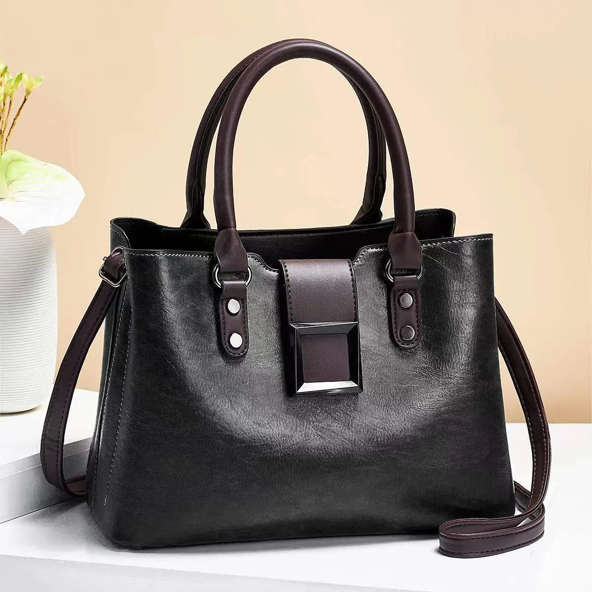 Large vertical square women shoulder bag with lychee pattern PU and gold-toned buckle in red
