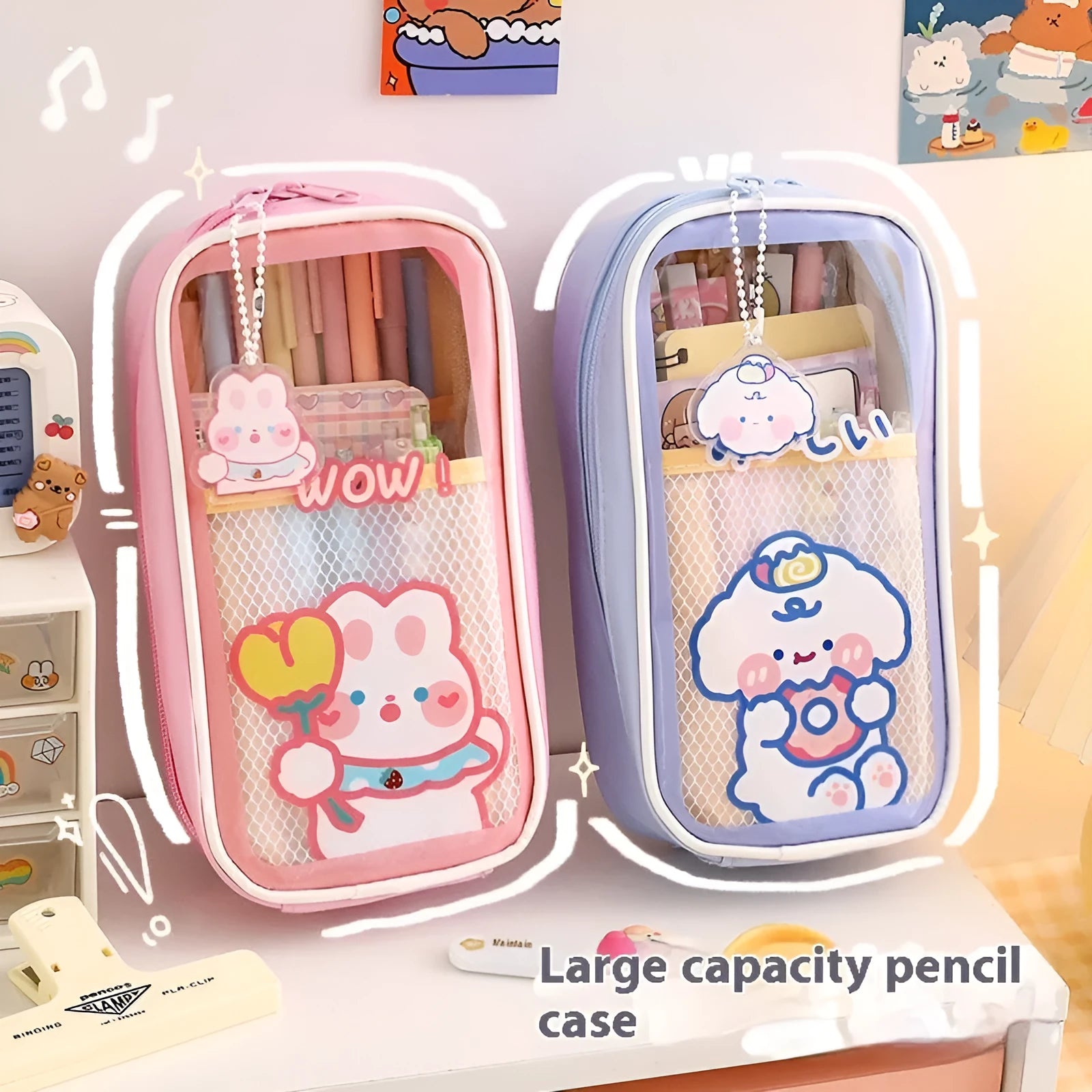 Transparent PVC student pencil case with cartoon design in candy bear, pink rabbit, blue dog, or purple dog colours