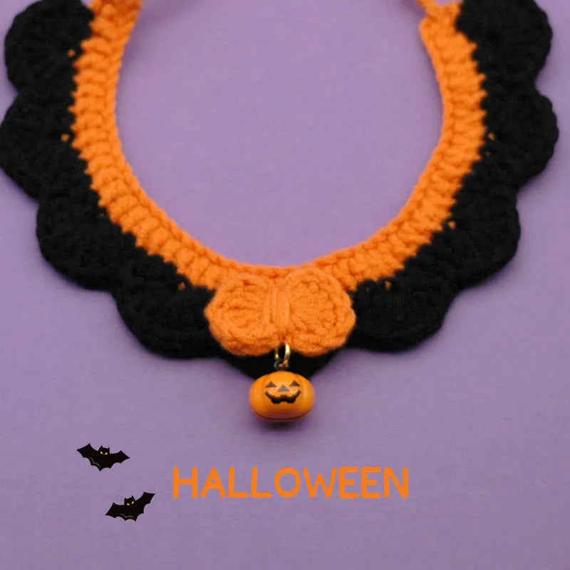 Hand-crocheted wool Halloween collar for cats and dogs in pumpkin colours with adjustable sizing