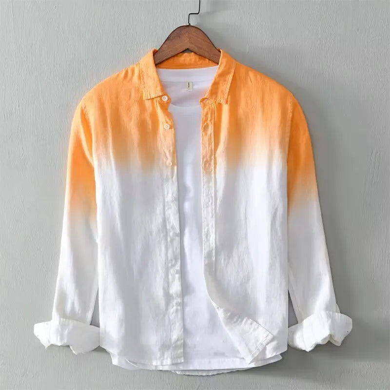 A man's casual slim-fit loose top coat in dark blue, light blue, or yellow, made from hemp and polyester.