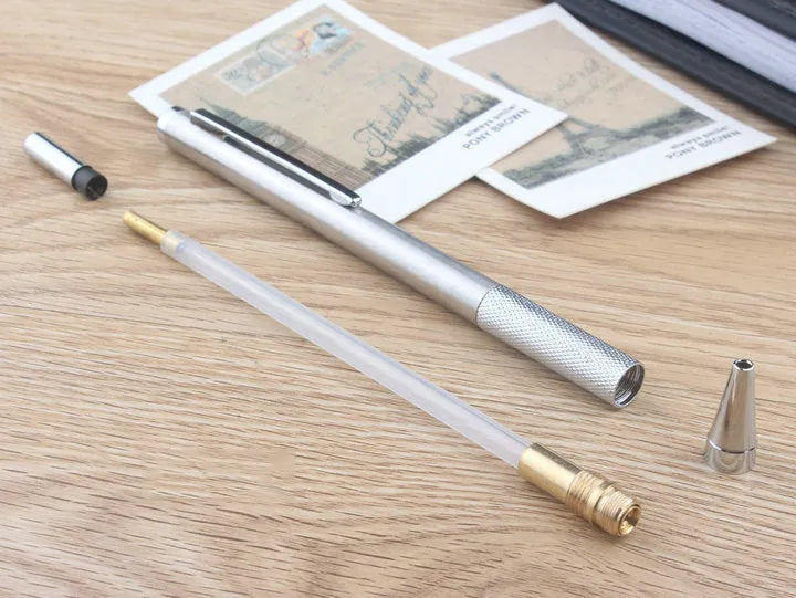 Metal automatic mechanical pencil compatible with five sizes of 2B lead refills.