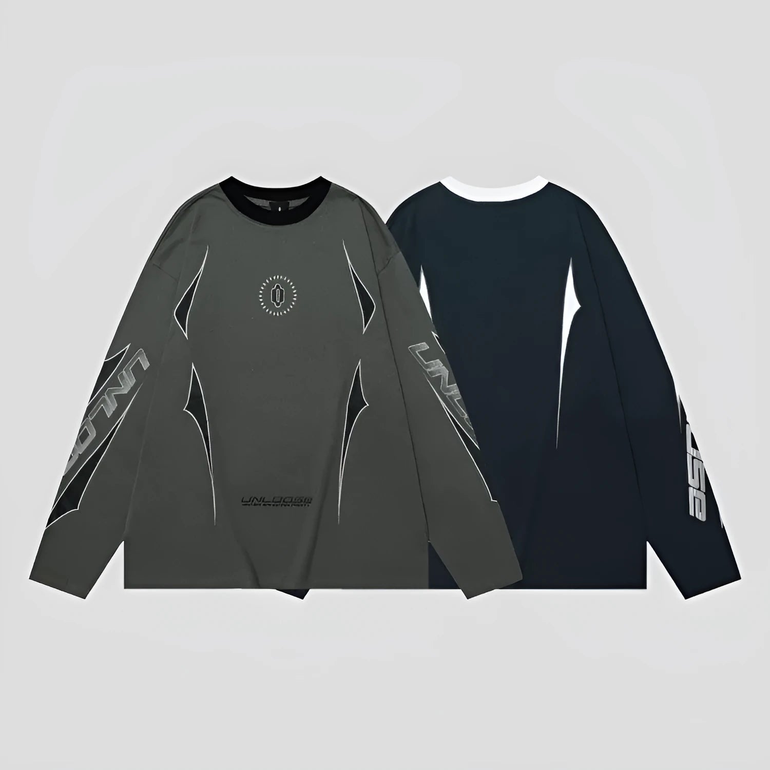 Gray khaki loose-fit long sleeve cotton pullover with drop shoulder sleeves and a printed letter pattern.