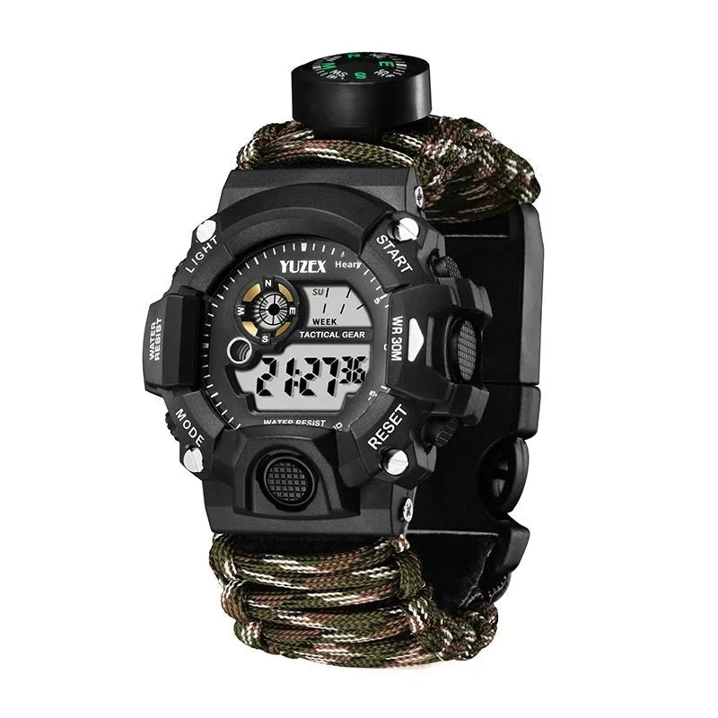 Multifunctional survival bracelet watch with parachute cord strap, firestone, whistle, and compass on a wrist in outdoor setting