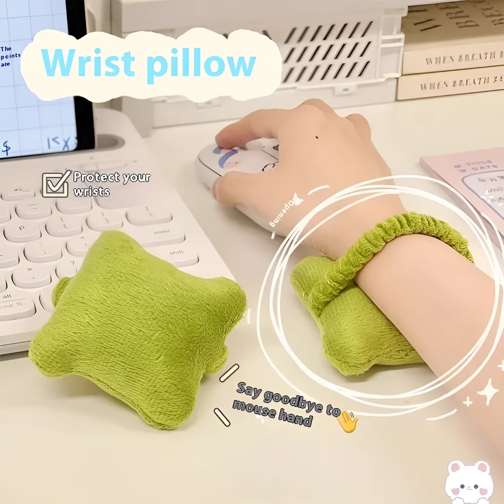 Plush wrist protector mouse pad mini pillow in blue, green and pink colours for keyboard typing comfort