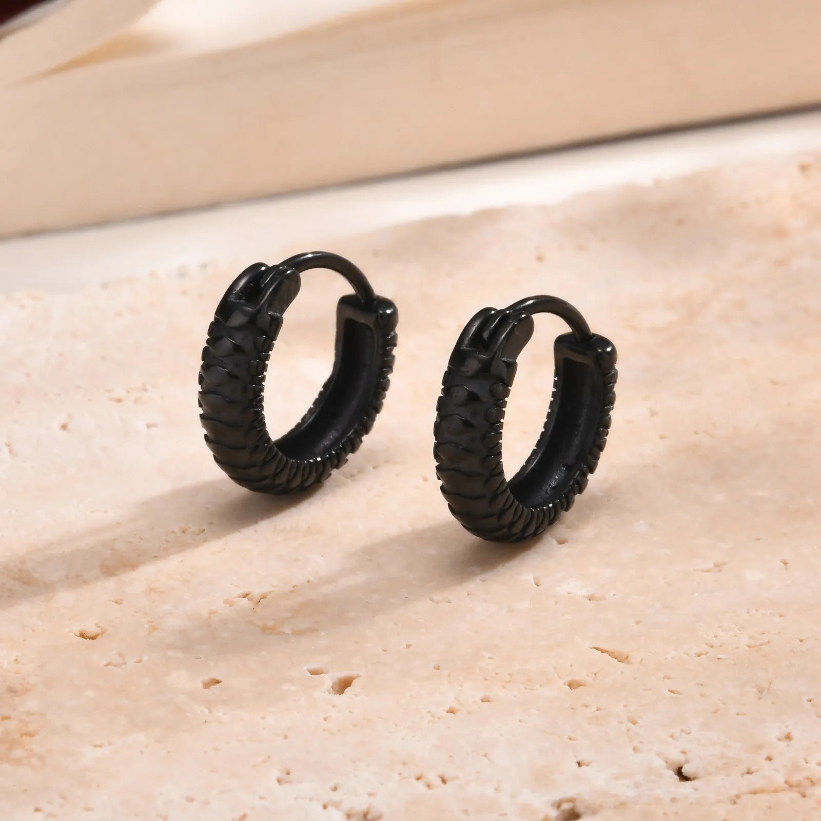 Stainless steel snake pattern earrings in black colour for hip hop alternative jewellery