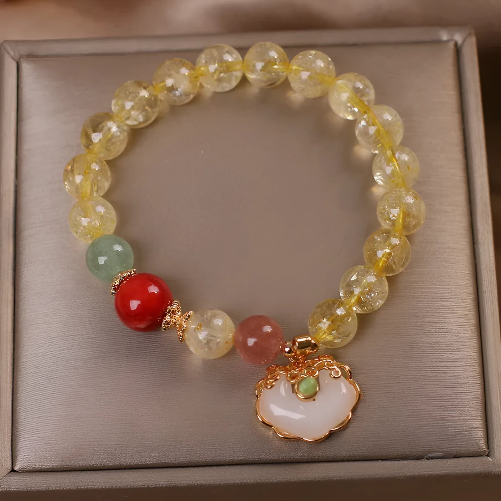 Women's natural citrine jade ruyi pendant bracelet with yellow hair crystal set in alloy metal