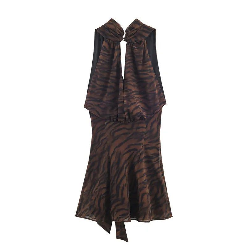 Animal print double breasted mini dress with asymmetric pleated skirt and long sleeves