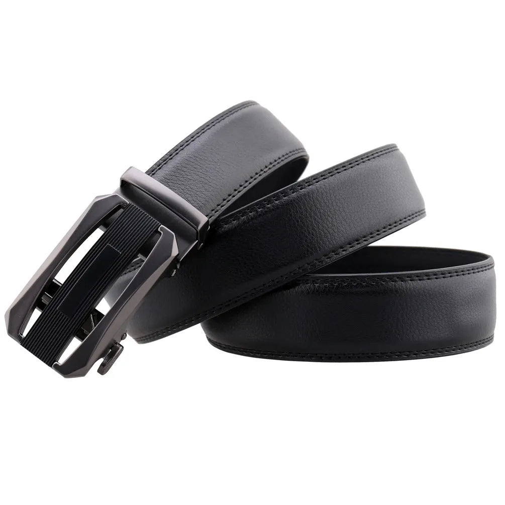 Men's automatic buckle belt in matte gun alloy finish with cowhide leather strap, black ribbon piece, 110-130cm