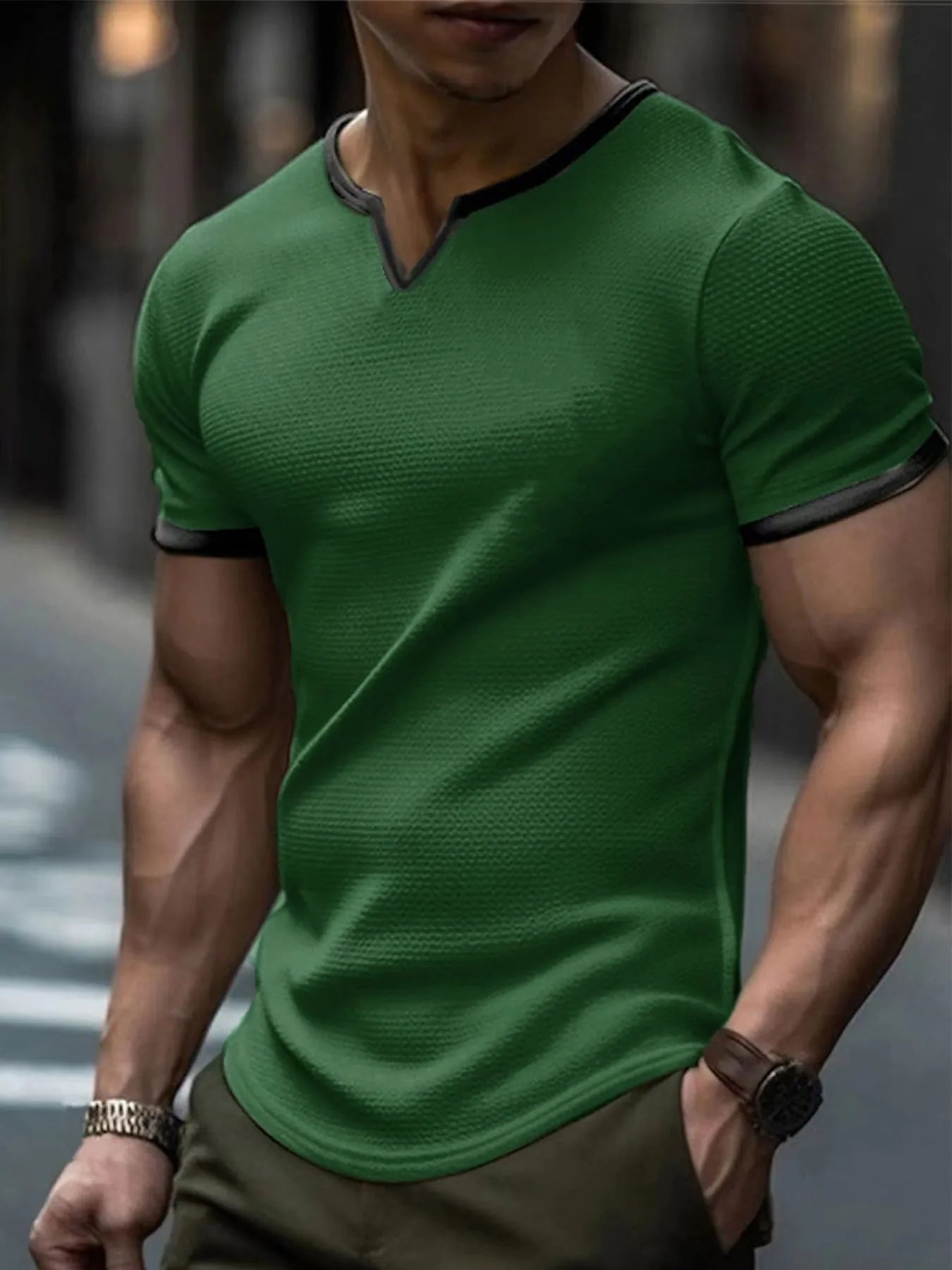 Colour-block V-neck outdoor sports waffle t-shirt in army green, polyester short-sleeve top