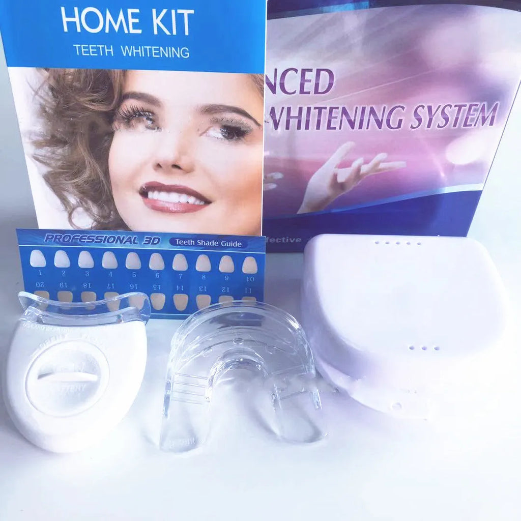 Advance Teeth Whitening LED Kit with white mouth trays and blue LED light unit