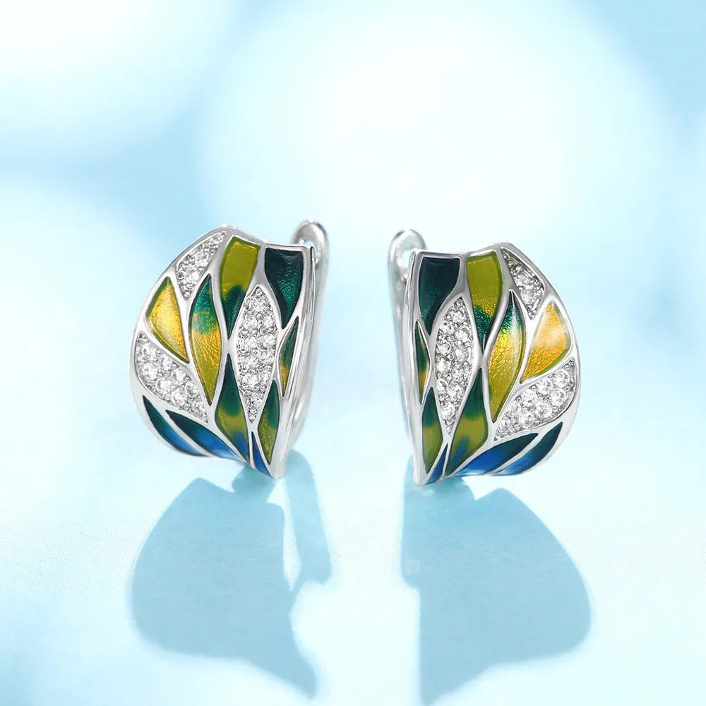 Pastoral style green mori enamel zircon ear clips with leaf motif, white gold colour on copper base