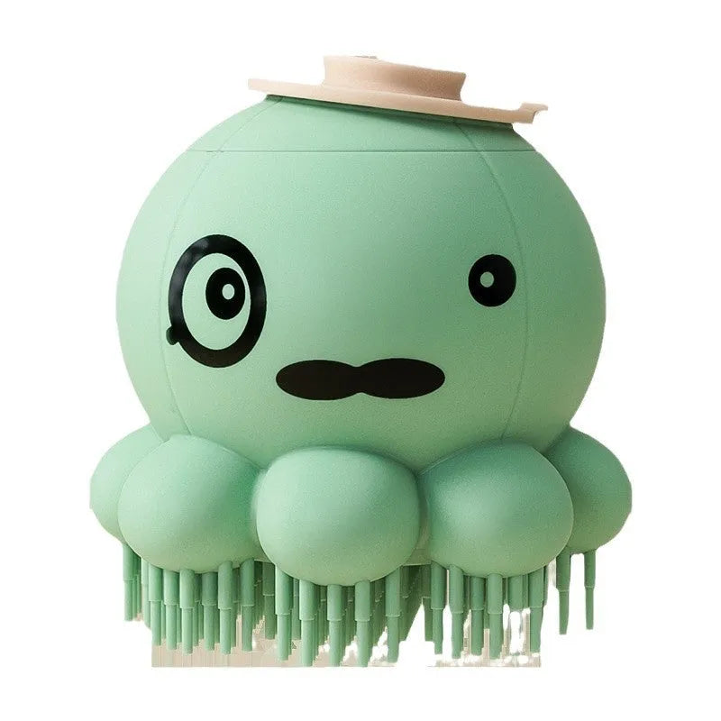 Green pet bath brush with built-in body wash reservoir and soft silicone bristles for dog and cat grooming