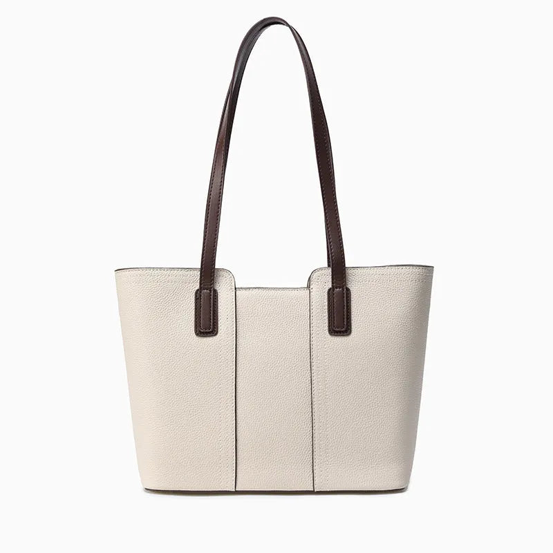 Women's genuine leather shoulder bag in khaki colour showing box-type design and organised interior compartments