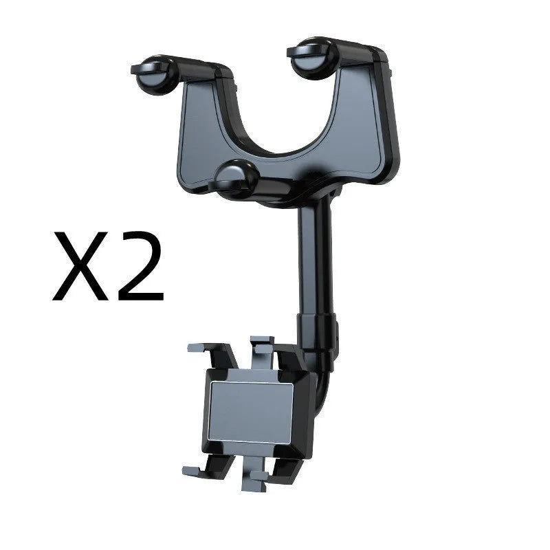 Black rearview mirror phone holder showing 360-degree rotation and telescopic arm extension