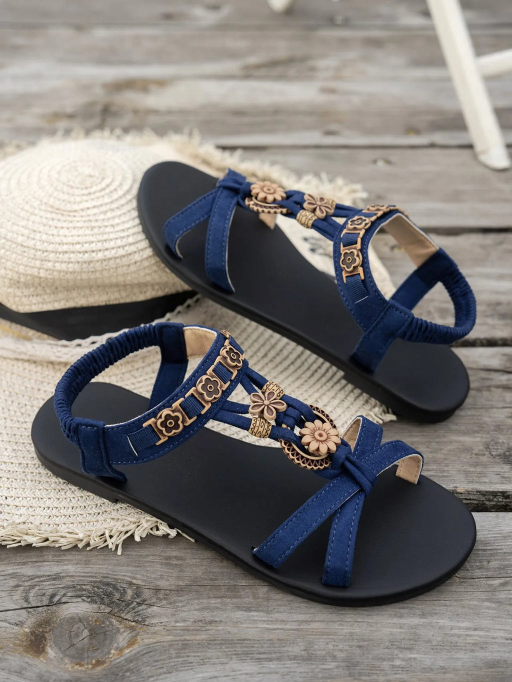 Women's flat plus size bohemian beach shoes with rhinestones, PU upper, TPR sole, black colour