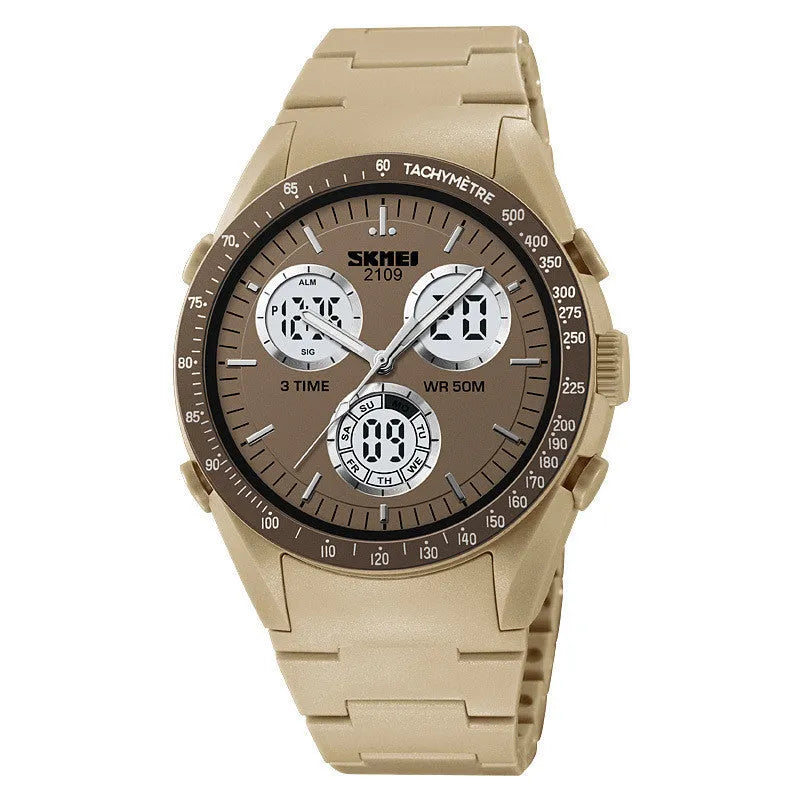 Electronic digital watch with a camouflage TPU strap and resin mirror, showing time on display.