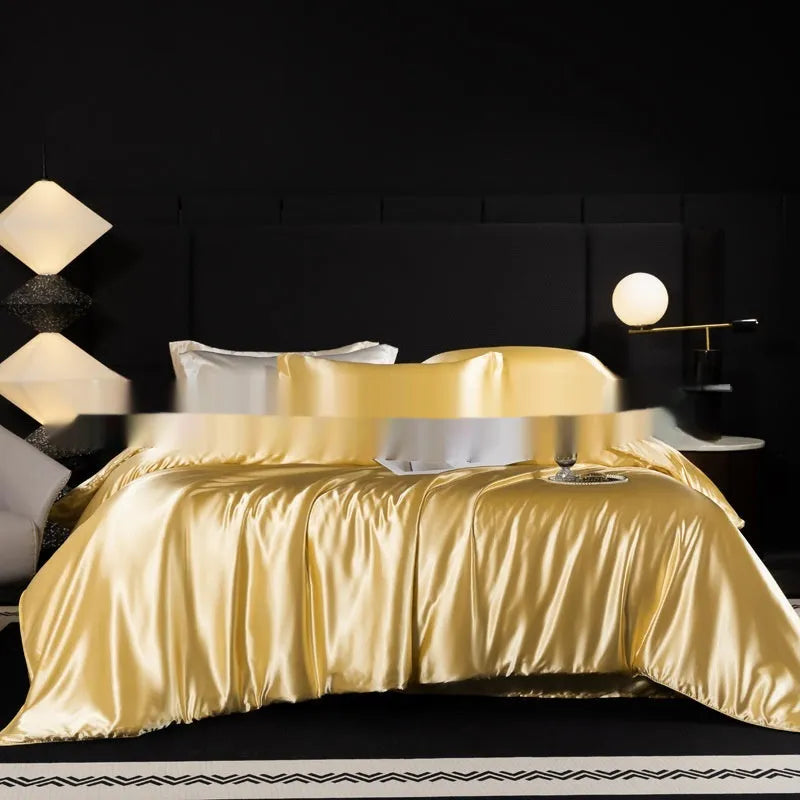 Silk bed sheet four-piece set in solid colours showing multiple size options for household bedding
