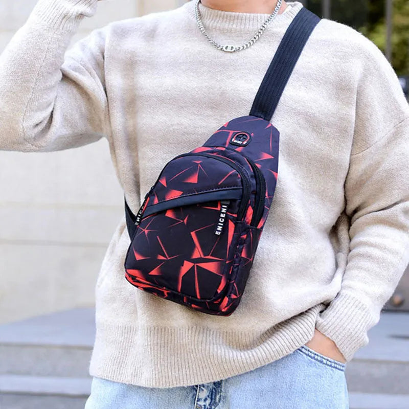 Blue Oxford cloth crossbody sling bag with earphone hole and zipper pocket.