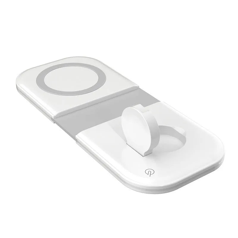 White folding dual magnetic desktop wireless charger with USB Type C ports, 190x11x80 mm, on a desk