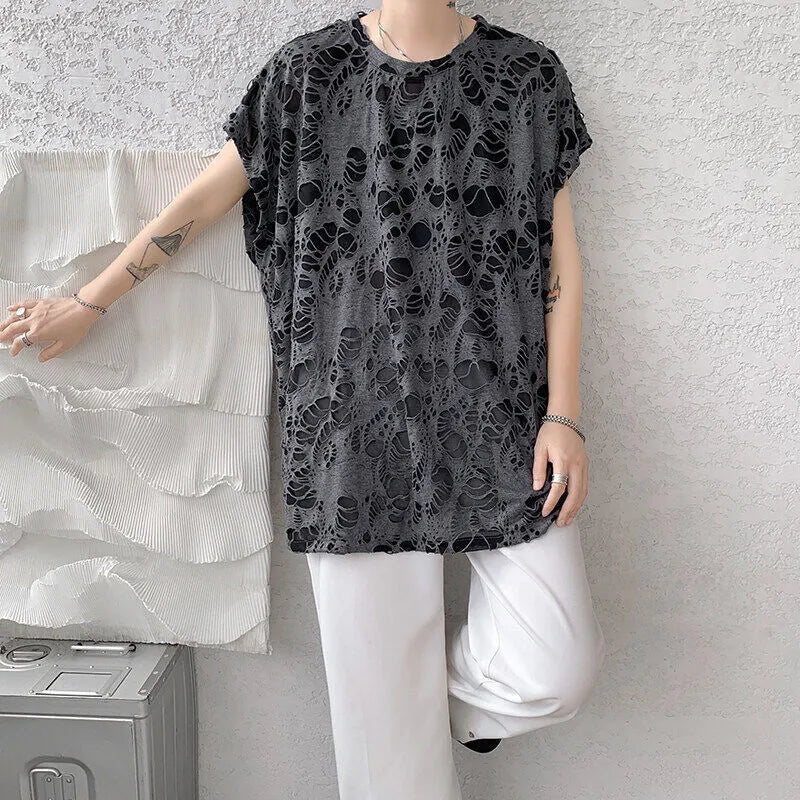 Black ripped beggar sleeveless wide shoulder vest, loose fit, polyester fibre, Japanese retro style