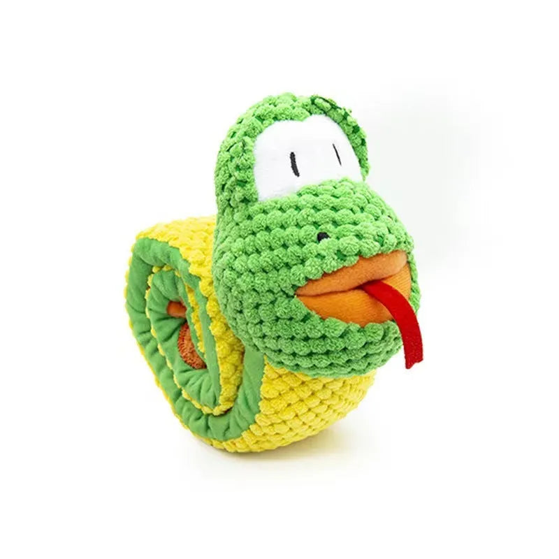 Transformable squeak dog toy in snail shape with hidden food holes for foraging training