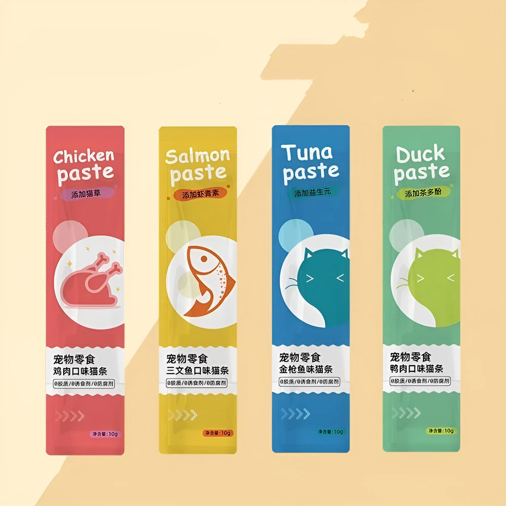 Pack of 10 soft moist cat treat strips in four flavour varieties.