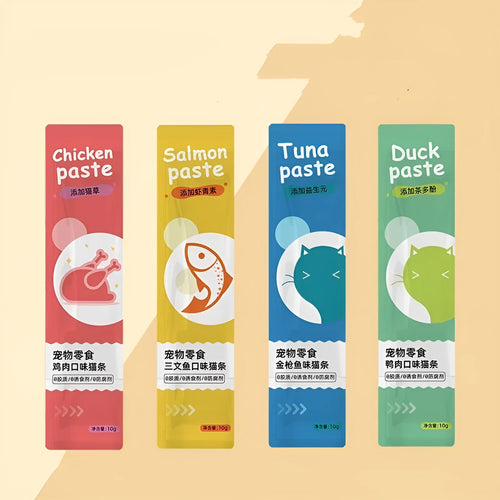 Pack of 10 soft moist cat treat strips in four flavour varieties.