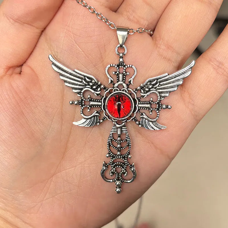 Geometric devil wings cross pendant necklace in alloy metal showing colour options