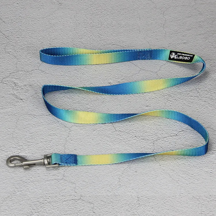 Gradient colour nylon pet leash set with dog collar and lead in pink blue yellow purple green combinations