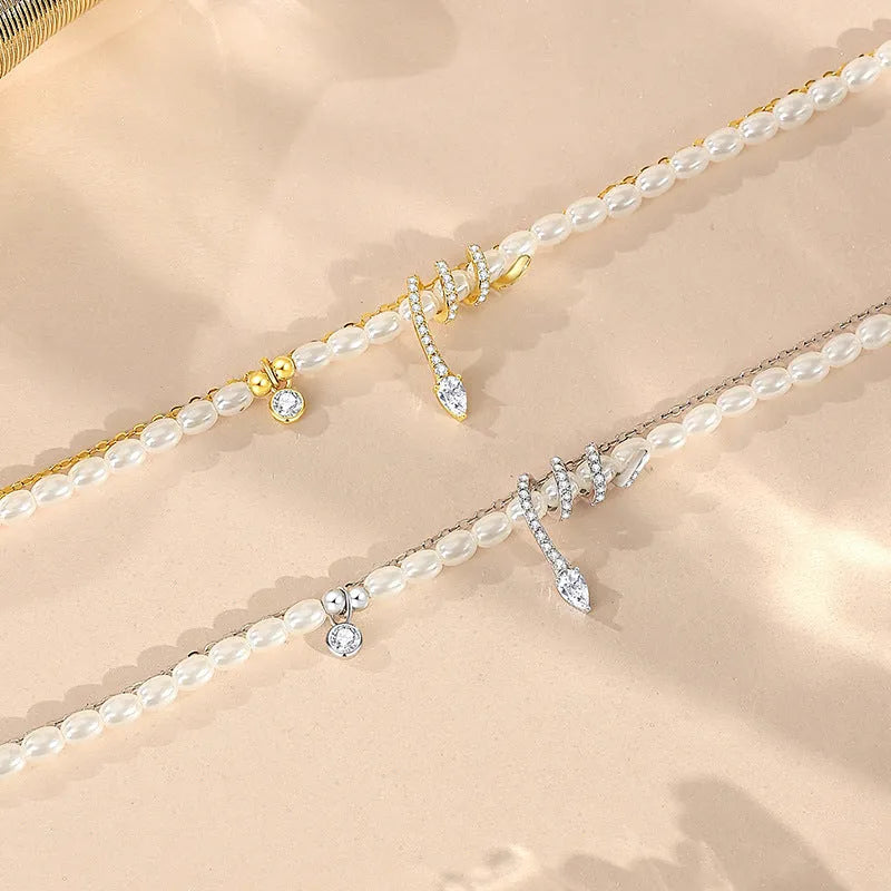 925 silver beaded bracelet with snake charm in New Chinese style, available in gold or white gold electroplated finishes