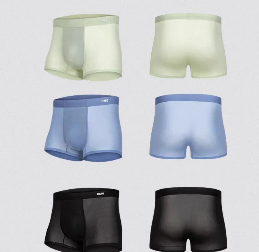 Men's lightweight seamless fitness underwear shorts in blue, shown flat.