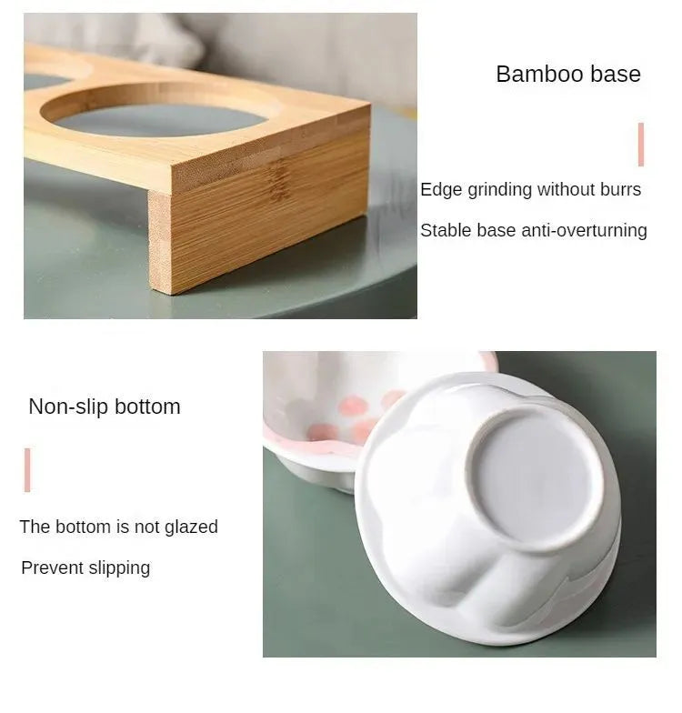Raised bamboo frame ceramic pet bowl set for small cats and dogs in blue, reducing neck strain during eating
