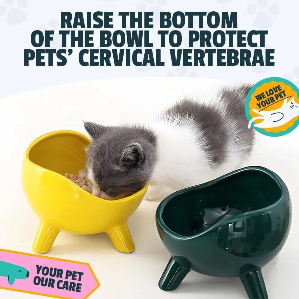 Green four-legged ceramic cat food bowl for indoor pets with wide mouth design