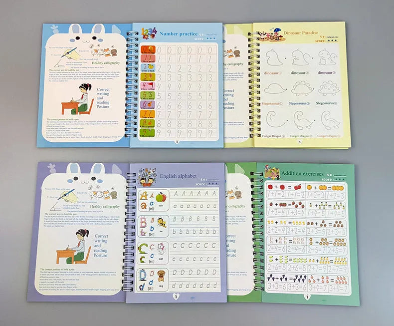 Magic calligraphy copybook set for children with stylus pen and refills, showing square slot design.