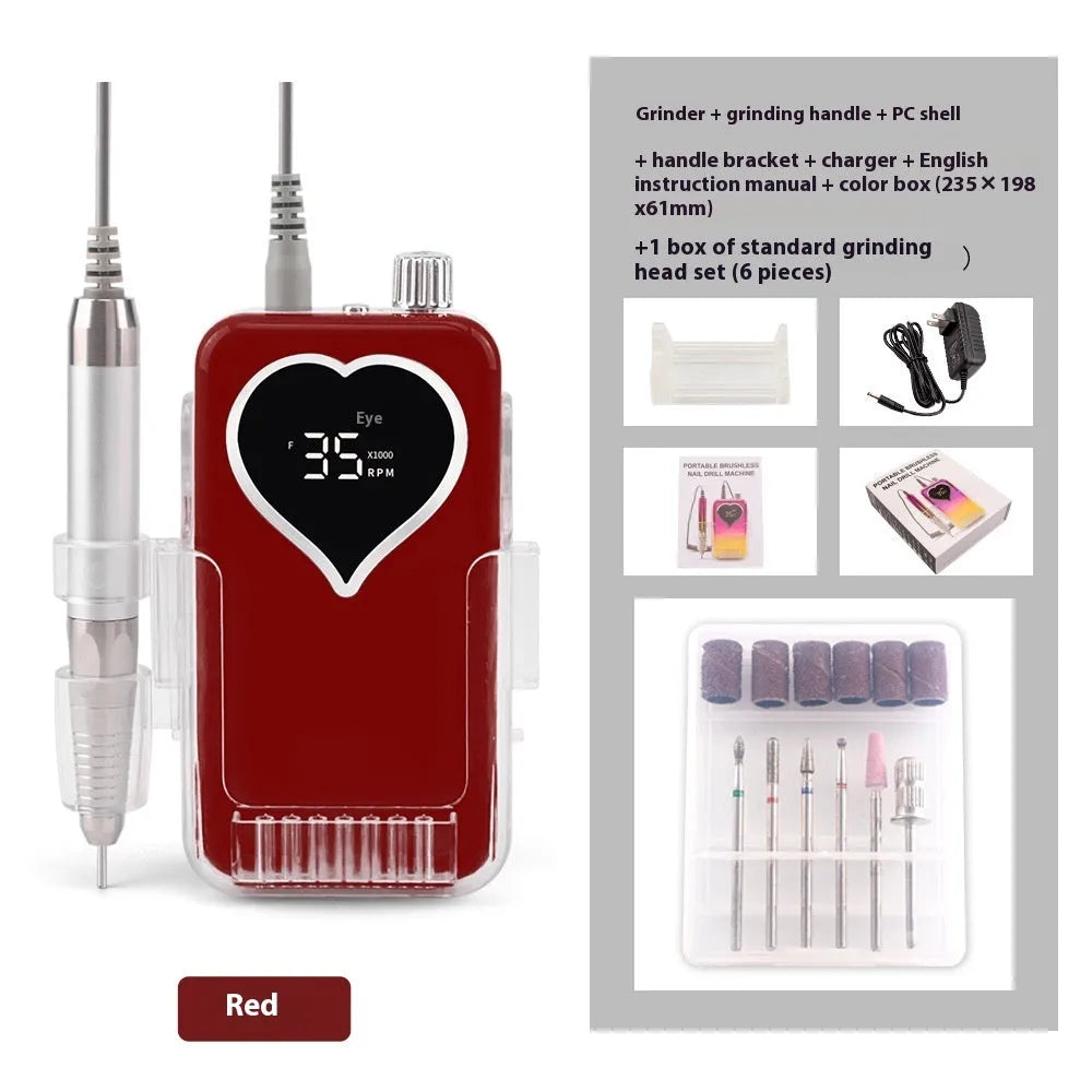 Brushless nail polishing machine with six-piece grinding head set and charger