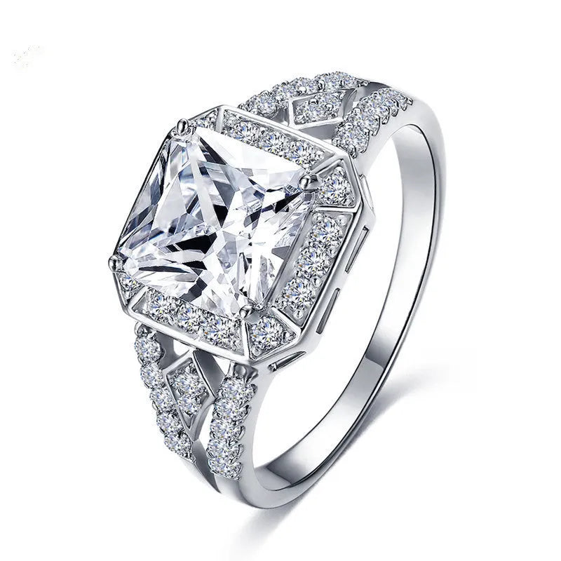 Women's geometric zircon ring with hollow quadrilateral design and platinum colour finish