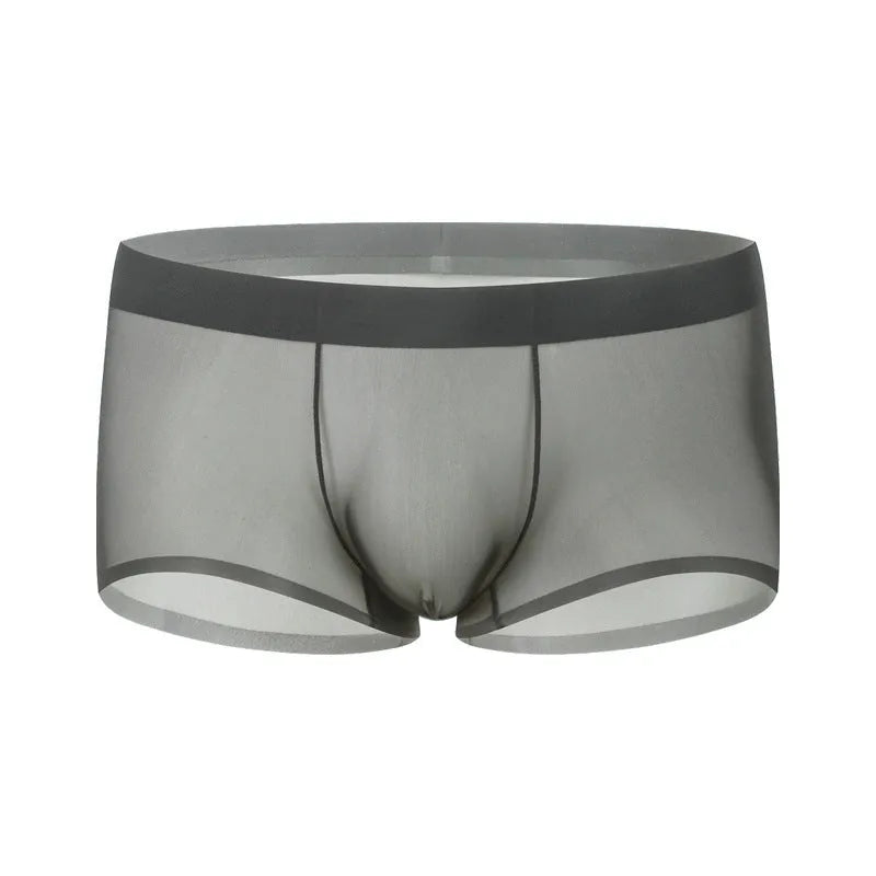 Men's ice silk seamless boxers in black nylon knit with low-rise waist and no side seams