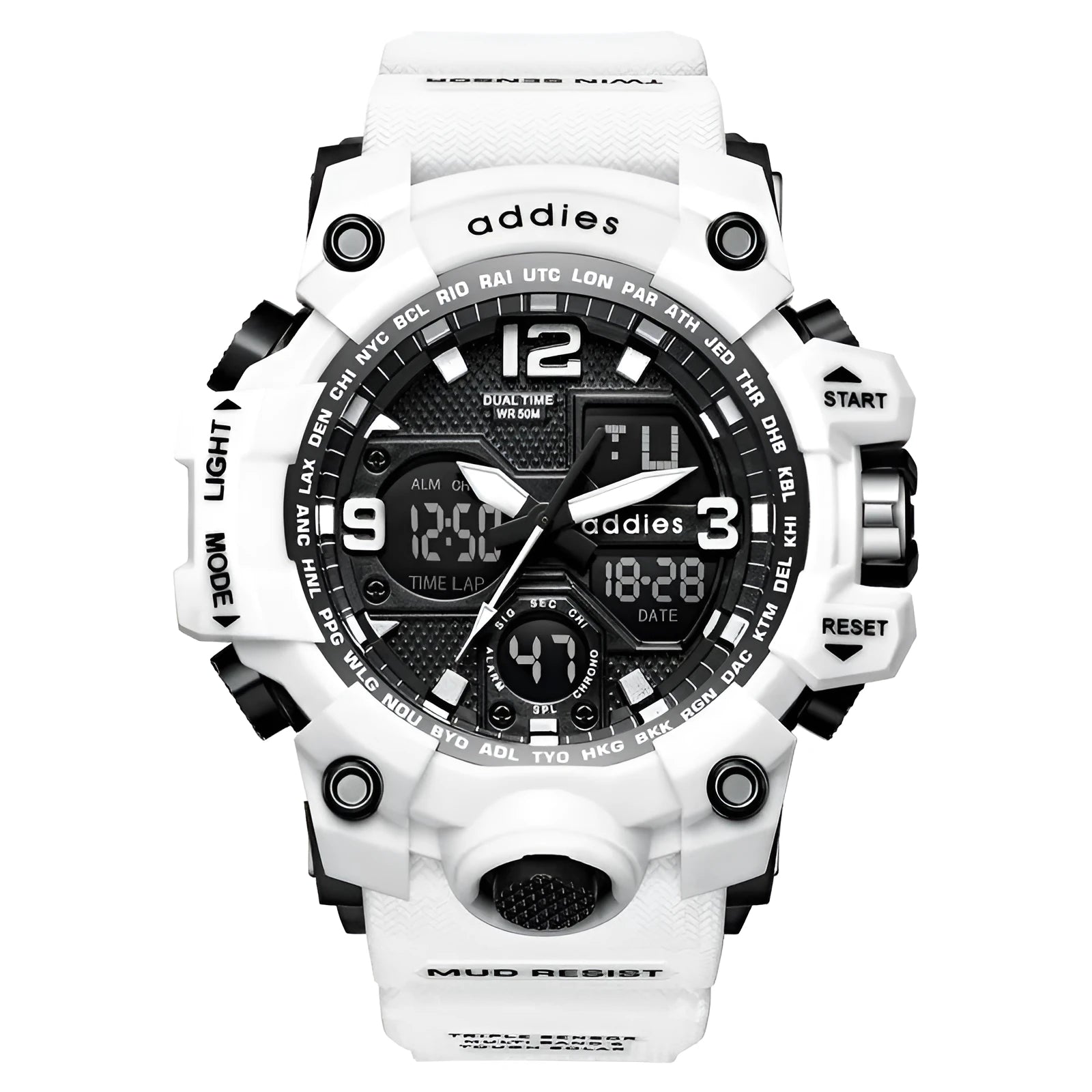 Electronic dual-display sports watch with plastic case and 50m waterproof rating