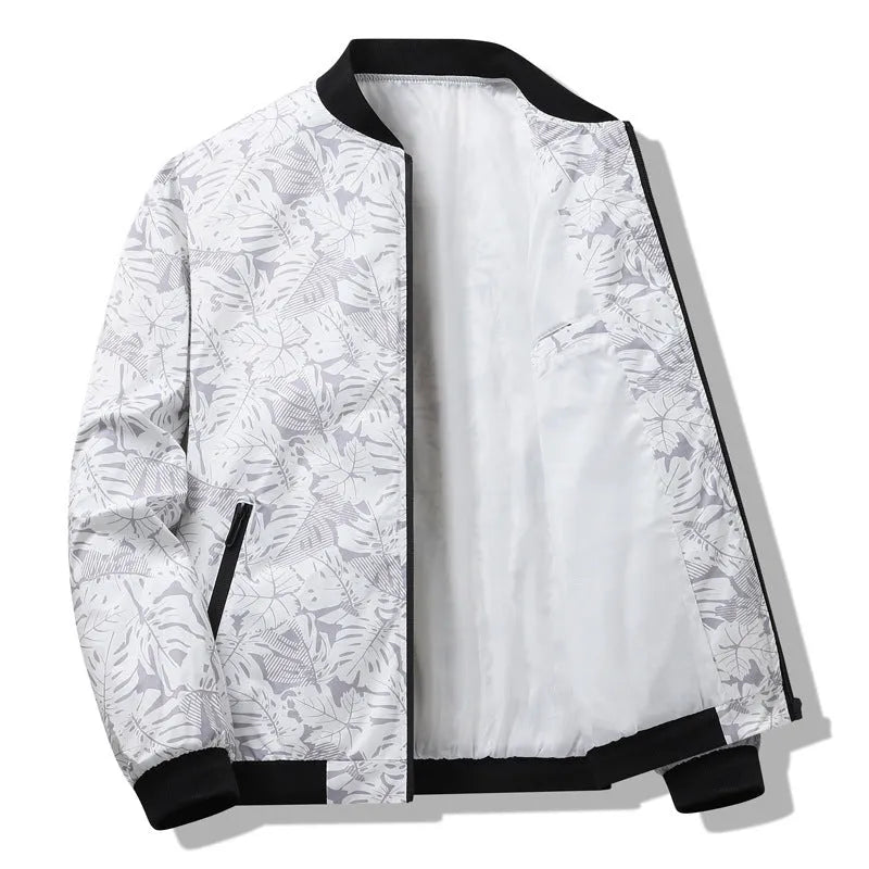 Men's autumn fashion casual jacket with floral pattern in gray, available in sizes M to 4XL, made from polyester